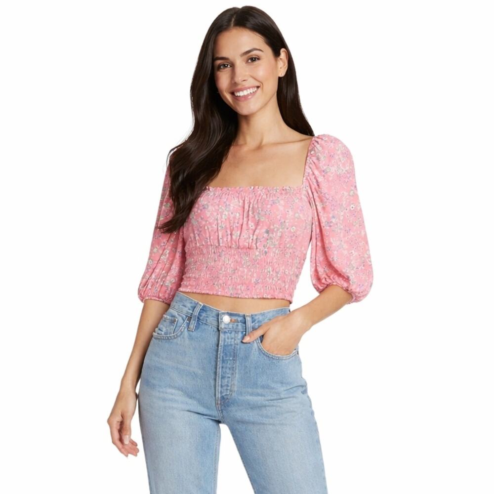 AFRM Women's Milkmaid Crop Top Size XS Pink Floral Smocked Coquette Cottagecore